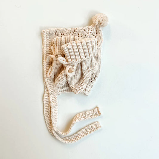 Crochet Bonnet and Booties Set - Cashew